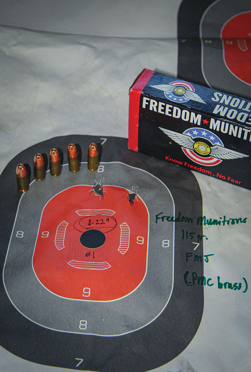 The best group shot from the Ruger PC Carbine 9mm was assembled using Freedom Munitions’ 115-grain FMJ loads. That group measured 1.22 inches at 1,353 fps. Patrick matched up PMC headstamps from the random brass used for these remanufactured loads.